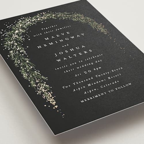 This is a tuxedo foil stamped wedding invitations with foil pressed by Leah Bisch called winter garland printing on signature in standard