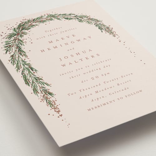 This is a latte foil stamped wedding invitations with foil pressed by Leah Bisch called winter garland printing on signature in standard