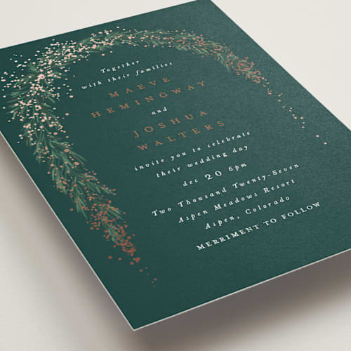 This is a pine foil stamped wedding invitations with foil pressed by Leah Bisch called winter garland printing on signature in standard