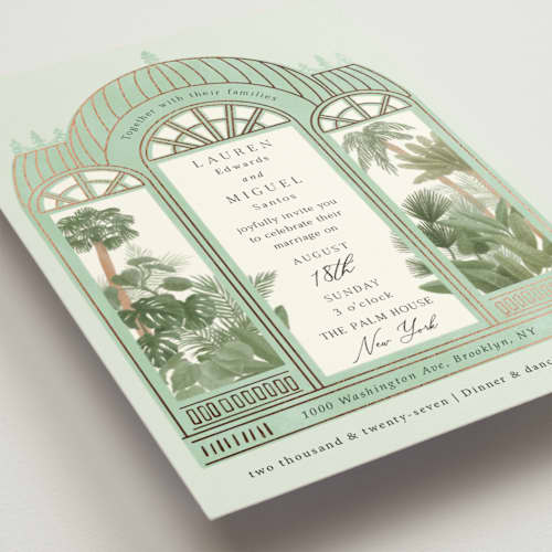 This is a mint foil stamped wedding invitations with foil pressed by Elly called the greenhouse printing on signature in standard