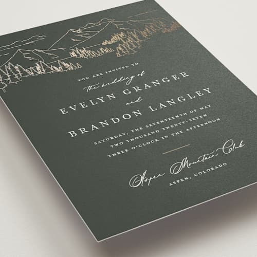 This is a hunter foil stamped wedding invitations with foil pressed by Sarah Brown called peaks printing on signature in standard