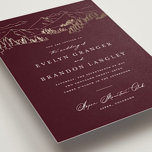 This is a merlot foil stamped wedding invitations with foil pressed by Sarah Brown called peaks printing on signature in standard