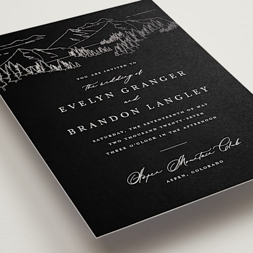 This is a onyx foil stamped wedding invitations with foil pressed by Sarah Brown called peaks printing on signature in standard