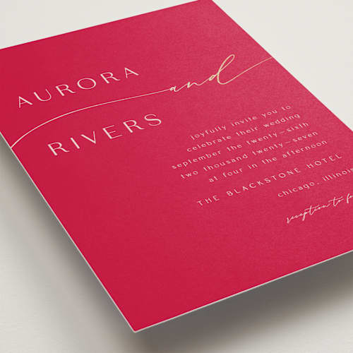 This is a magenta foil stamped wedding invitations with foil pressed by Olivia Raufman called gathering printing on signature in standard