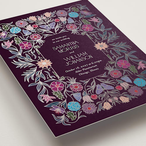 This is a plum garden foil stamped wedding invitations with foil pressed by Simona Camp called gilded tapestry printing on signature in standard