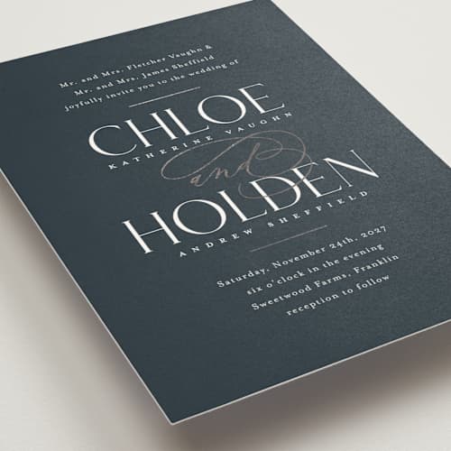 This is a navy foil stamped wedding invitations with foil pressed by Jessica Williams called idyllic printing on signature in standard