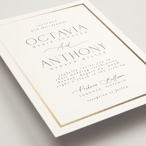 This is a porcelain foil stamped wedding invitations with foil pressed by Nicole Walsh called regal printing on signature in standard
