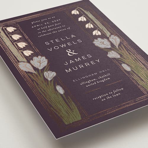 This is a plum foil stamped wedding invitations with foil pressed by Shiny Penny Studio called deco spring florals printing on signature in standard