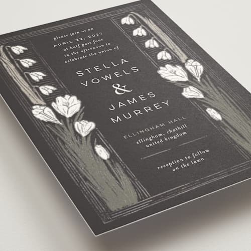 This is a midnight foil stamped wedding invitations with foil pressed by Shiny Penny Studio called deco spring florals printing on signature in standard