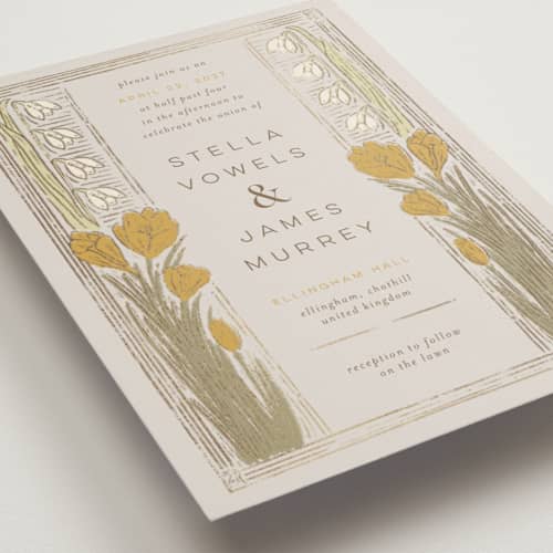 This is a dandelion foil stamped wedding invitations with foil pressed by Shiny Penny Studio called deco spring florals printing on signature in standard
