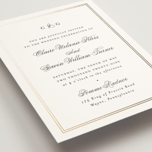 This is a tuxedo foil stamped wedding invitations with foil pressed by Carolyn MacLaren called timeless together printing on signature in standard