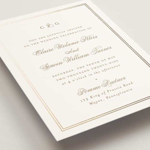 This is a champagne foil stamped wedding invitations with foil pressed by Carolyn MacLaren called timeless together printing on signature in standard