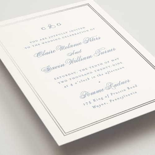 This is a french blue foil stamped wedding invitations with foil pressed by Carolyn MacLaren called timeless together printing on signature in standard