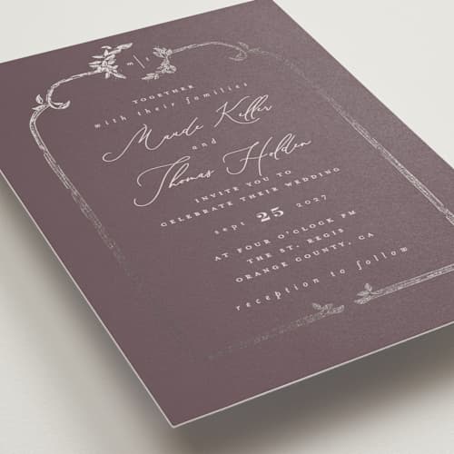 This is a wisteria foil stamped wedding invitations with foil pressed by Leah Bisch called reflection printing on signature in standard