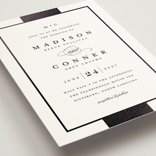 This is a cotton foil stamped wedding invitations with foil pressed by Stacey Meacham called refined style printing on signature in standard