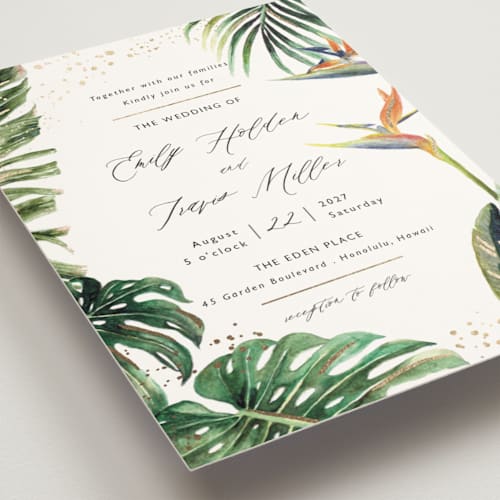 This is a tropical foil stamped wedding invitations with foil pressed by Elly called our paradise printing on signature in standard