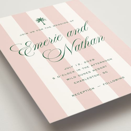 This is a taffy wedding invitations with standard by Susan Zinader called island palm printing on signature in standard