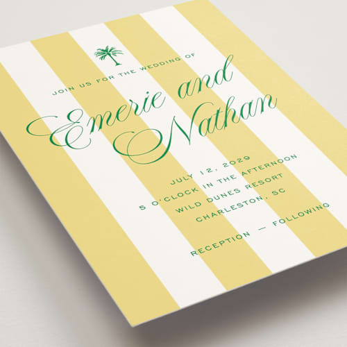 This is a limoncello wedding invitations with standard by Susan Zinader called island palm printing on signature in standard