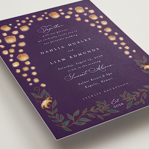 This is a twilight wedding invitations with standard by Simona Camp called disney's tangled lanterns printing on signature in standard