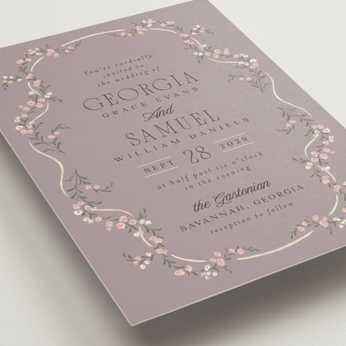 This is a lavender wedding invitations with standard by Laura Hankins called trailing garden printing on signature in standard