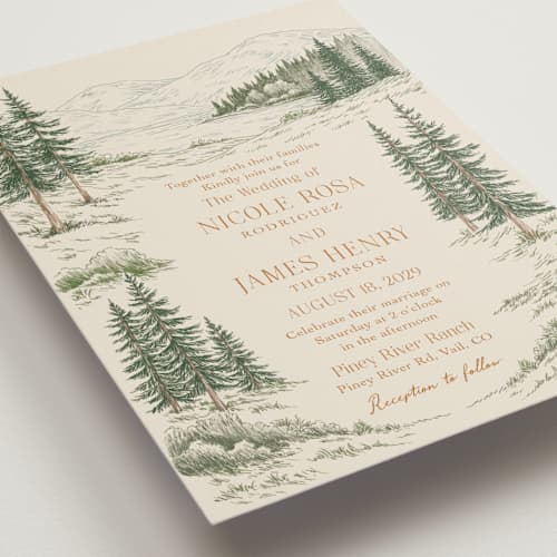 This is a forest wedding invitations with standard by Elly called whispering pines printing on signature in standard