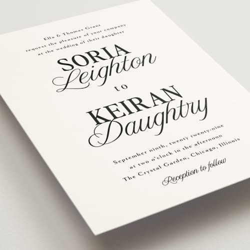 This is a black tie wedding invitations with standard by Melanie Kosuge called soria printing on signature in standard