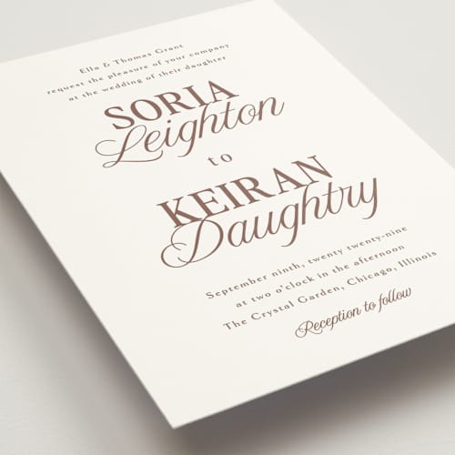 This is a nude wedding invitations with standard by Melanie Kosuge called soria printing on signature in standard