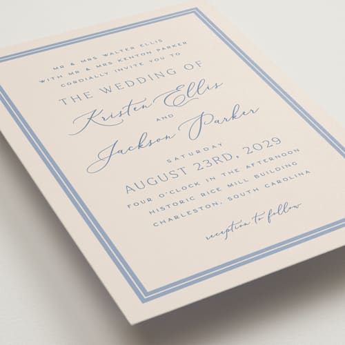 This is a periwinkle wedding invitations with standard by Hooray Creative called twin border printing on signature in standard
