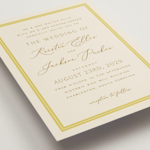 This is a limoncello wedding invitations with standard by Hooray Creative called twin border printing on signature in standard