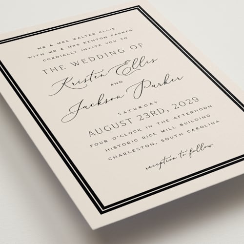 This is a black tie wedding invitations with standard by Hooray Creative called twin border printing on signature in standard