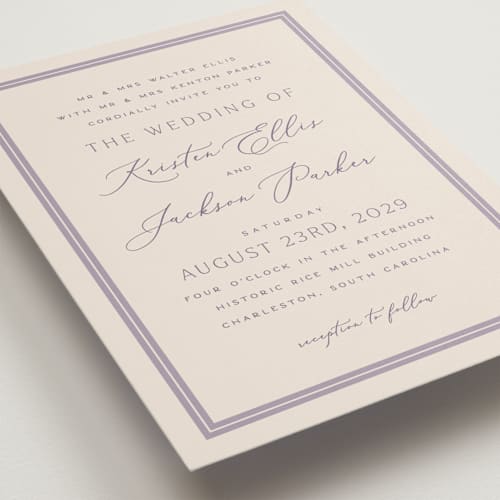 This is a orchid wedding invitations with standard by Hooray Creative called twin border printing on signature in standard