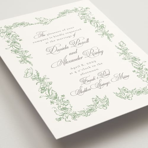 This is a mint wedding invitations with standard by Melinda Denison called romantic garden printing on signature in standard