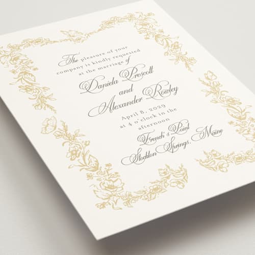This is a butterscotch wedding invitations with standard by Melinda Denison called romantic garden printing on signature in standard