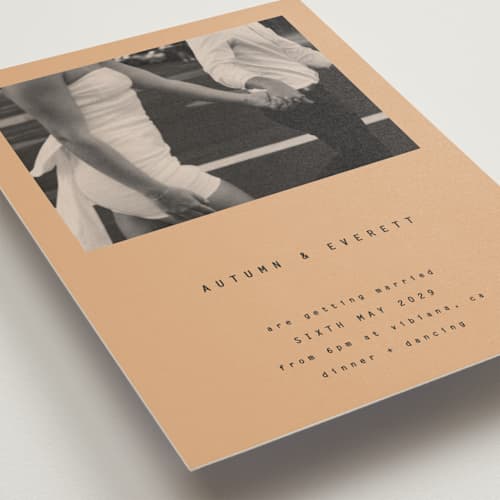 This is a peach wedding invitations with standard by Blustery August called nonnette printing on signature in standard