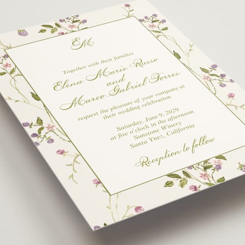 This is a cream wedding invitations with standard by Nicole Dragomir called wild berry watercolor printing on signature in standard
