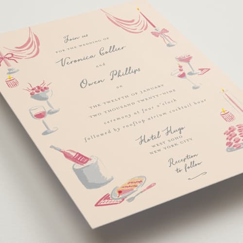 This is a blush wedding invitations with standard by Sarah Rosenthal called velvet cherry printing on signature in standard