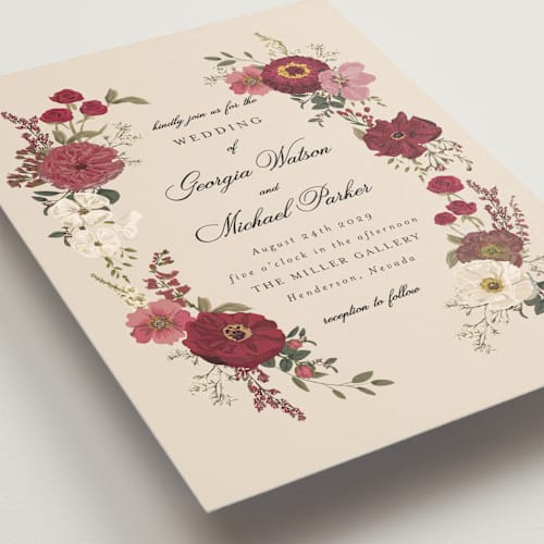This is a merlot wedding invitations with standard by Susan Moyal called cherished printing on signature in standard