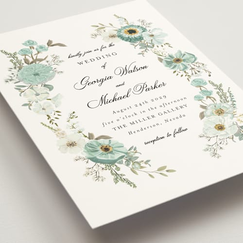 This is a seafoam wedding invitations with standard by Susan Moyal called cherished printing on signature in standard