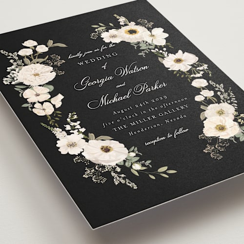 This is a black tie wedding invitations with standard by Susan Moyal called cherished printing on signature in standard