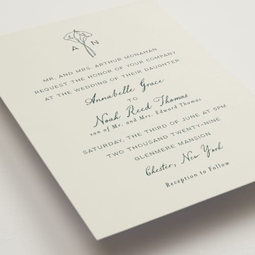 This is a sage wedding invitations with standard by Leah Bisch called pair of calla lilies printing on signature in standard