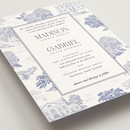 This is a periwinkle wedding invitations with standard by Jenna Holcomb called southern charm toile printing on signature in standard