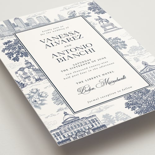 This is a marine wedding invitations with standard by Jenna Holcomb called boston toile printing on signature in standard