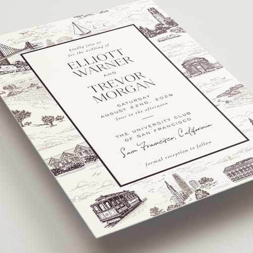 This is a espresso wedding invitations with standard by Jenna Holcomb called san francisco toile printing on signature in standard