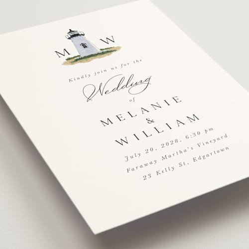 This is a snow wedding invitations with standard by Becky Nimoy called east coast lighthouse printing on signature in standard