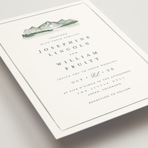 This is a pine wedding invitations with standard by Amy Kross called mountain ridge printing on signature in standard