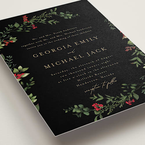 This is a scarlet wedding invitations with standard by Susan Moyal called romantic florals printing on signature in standard