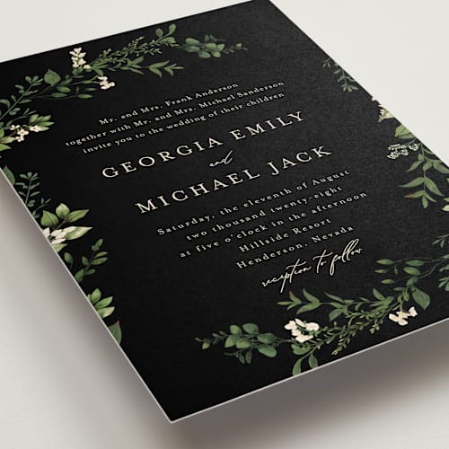 This is a coal wedding invitations with standard by Susan Moyal called romantic florals printing on signature in standard