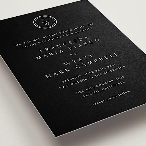 This is a ink wedding invitations with standard by Stacey Meacham called circle monogram printing on signature in standard