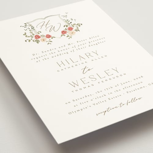 This is a pomegranate wedding invitations with standard by Everett Paper Goods called roses crest printing on signature in standard