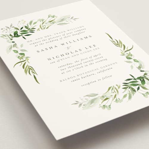 This is a garden wedding invitations with standard by Leah Bisch called verdure printing on signature in standard